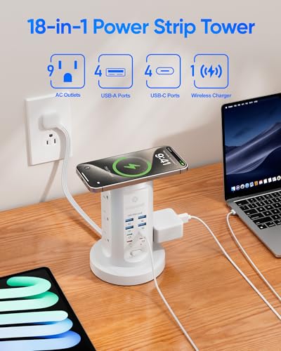 Power Strip Tower, kakyanill PD 65W Charging Station 9 AC Outlets 8 USB - color: White, size: 65W