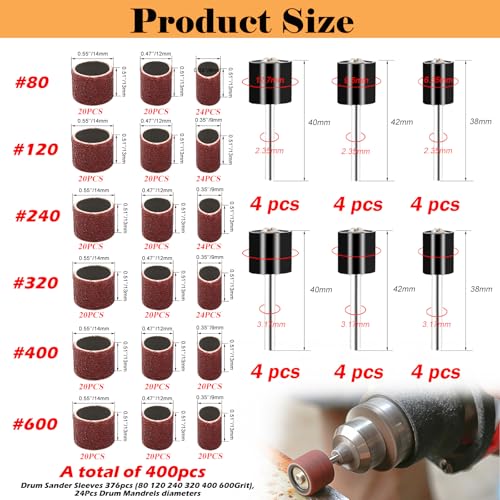 400 Pieces Sanding Drums Kit,Drum Sander Sleeves 376pcs (80 120 240 320 400 600Grit),24Pcs Drum Mandrels diameters,Sanding Bits Tool Accessories for Most Rotary Tools - size: 400PCS