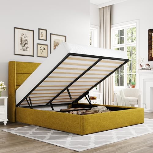 Allewie Full Size Lift Up Hydraulic Storage Bed Frame Olive Yellow - color: Olive Yellow, size: Full, style: Modern