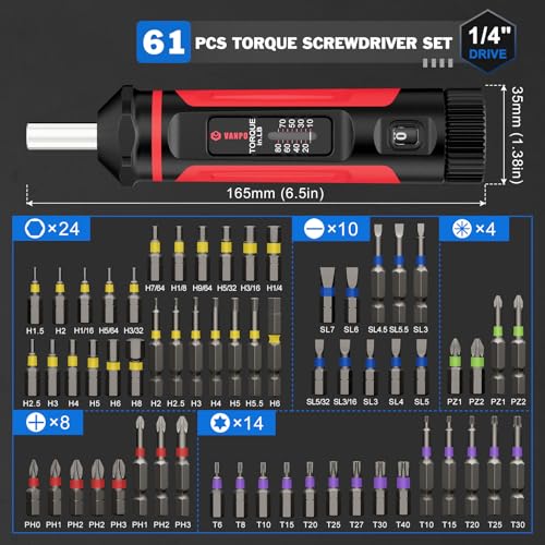 VANPO Torque Screwdriver 10-80 in-lb, 1/4" Drive Precision Driver Set - size: 10-80In-lb
