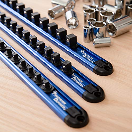 Precision Defined Aluminum Tool Socket Holder 3-Piece Set | Blue, 1/4-Inch x 16 Clips, 3/8-Inch x 16 Clips, 1/2-Inch x 14 Clips | 360 Rotation - Heavy Duty Socket Rails Organizer, Socket Storage - color: Blue