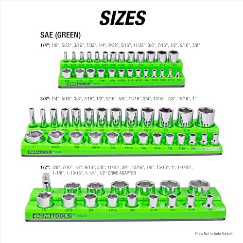 OEMTOOLS 3-Pc Magnetic Socket Organizer for 68 Deep & Shallow SAE Sockets | SAE Magnetic Socket Holder, Non-Marring Rubberized Base Socket Holders, Holds 1/4, 3/8, 1/2 Inch Sizes, Clearly Marked Sizes - style: 3Pc Green