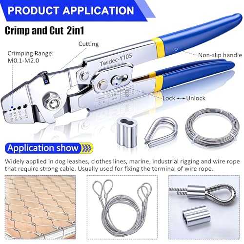 Twidec/Wire Rope Crimping Tool Up To 2.2mm Swaging Tool With 160PCS 1/16''Aluminum Crimping Loop Sleeve And 66FT 1/16'' 304 stainless steel Wire Rope 12PCS Wire Rope Thimbles Kit - style: 66FT