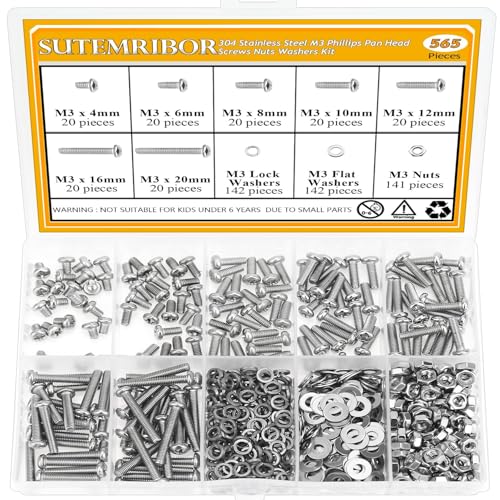 565 Pieces M3 Machine Screws Nuts Washers Set, Sutemribor M3 x 4/6/8/10/12/16/20mm Phillips Pan Head Machine Screws Nuts Washers Assortment Kit, 304 Stainless Steel, Fully Threaded - size: M3, style: Phillips Pan Head