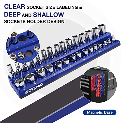 WORKPRO Magnetic Socket Organizer Set, 4-Piece Socket Holder Set - size: 4 Pieces-1/4" & 3/8" DR, SAE & Metric