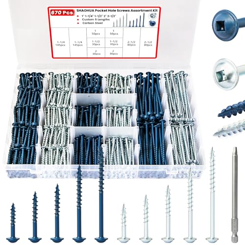 #8 Pocket Hole Screws(1" 1-1/4" 1-1/2" 2" 2-1/2"), Coarse Thread & Anti-Split Design for Furniture, Cabinets, Compatible with Kreg Jig, Zinc Plated & Blue Kote for Indoor Outdoor Use, 670 Pcs - size: C. #8 1" 1-1/4" 1-1/2" 2" 2-1/2"