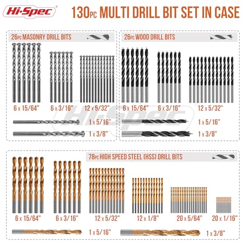 Hi-Spec Drill Bit Set Multi SAE - 11 Sizes 1/16in to 3/8in - HSS Titanium - size: 130pc