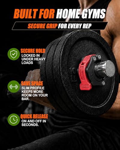 MAXRICH Ultra-Thin 1-Inch Barbell Clamps, Quick Release Weight Clips for 23–30mm Bars, Secure Barbell Collars for Home Gym - color: Black+red