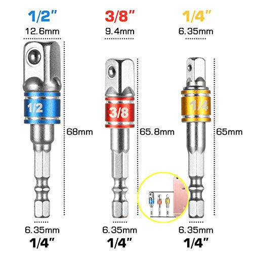CIGOTU Impact Grade Socket Adapter/Extension Set Turns Power Drill Into High Speed Nut Driver,1/4-Inch Hex Shank to Drive for Adapters to Use with Drill Chucks, Sizes 1/4" 3/8" 1/2", Cr-V, 3-Piece - color: 3p*color