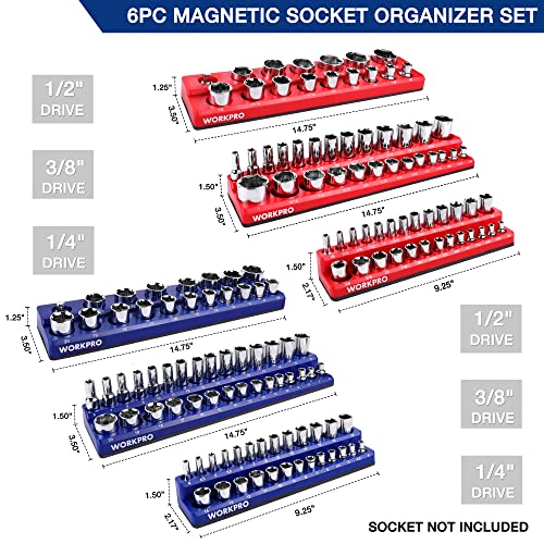 WORKPRO Magnetic Socket Organizer Set, 6-Piece Metric SAE Socket Holder Set - size: 6 Pieces-1/4", 3/8", & 1/2" DR, SAE & Metric