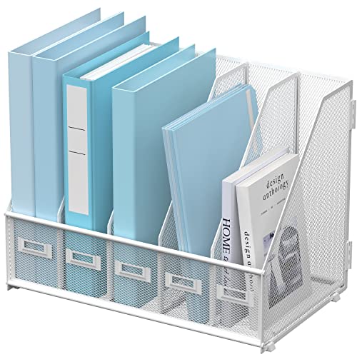 SUPEASY Desk Organizers Metal Desk Magazine File Holder with 5 Vertical Compartments Rack File Organizer for Office Desktop, Classroom, Home Workspace, White - color: White, size: Small