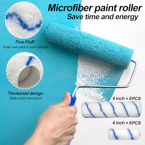 31 PCS Paint Roller Kit with Extension Pole 2 to 4 Ft,9"4"Paint Rollers Covers Frame Tray Painters Tape Professional Long Handle Paint Brush Roller Set for Painting Walls House Corner Stain Concrete