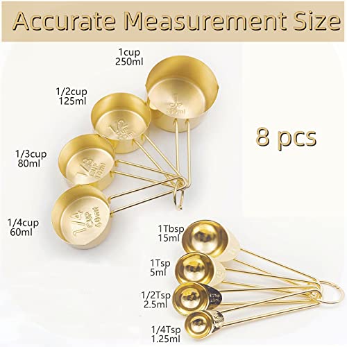 Gold Measuring Cups and Spoons Set, 8 PCS Metal Measuring Cups and Stainless Steel Measuring Spoons Set for Kitchen - color: Gold