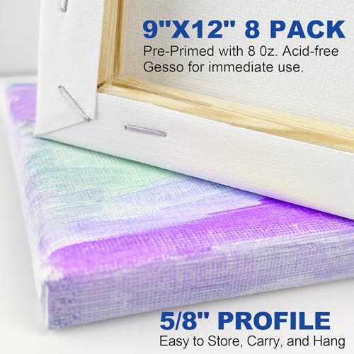 Halobios Stretched Canvases for Painting, 8 Packs 9X12 Inch Canvases for Acrylics,Oils & Other Painting Media, 5/8 Inch Profile 100% Cotton Primed Artist Framed Canvas - size: 8 Pack - 9×12IN