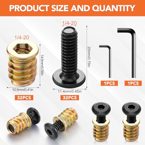 32 Sets Threaded Inserts for Wood Furniture Screws - size: 1/4-20 x 25/32"-60Pcs