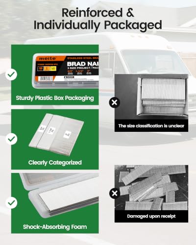 meite 18 Gauge Stainless Steel Brad Nails, Assortment Kit 3 Sizes (3/4", 1-1/4", 2-Inch) Finish Nails for Pneumatic, Electric 18GA Brad Nail Gun Nailer, Multi-Project Pack 1,200-Count - size: Assorted 3 Sizes (1200 PCS), style: 1 Box