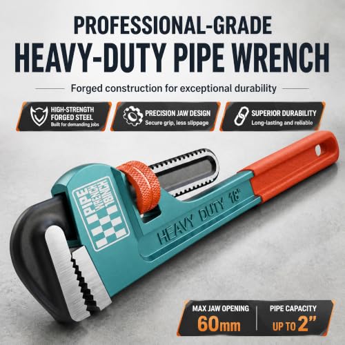 Heavy Duty Pipe Wrench, 18" Adjustable Straight Plumbing Wrench, High Drop-Forged jaws, Professional Pipeline Tool for Water Pipe Fittings, Mechanical assembly, Workshop Operations - size: 18inch