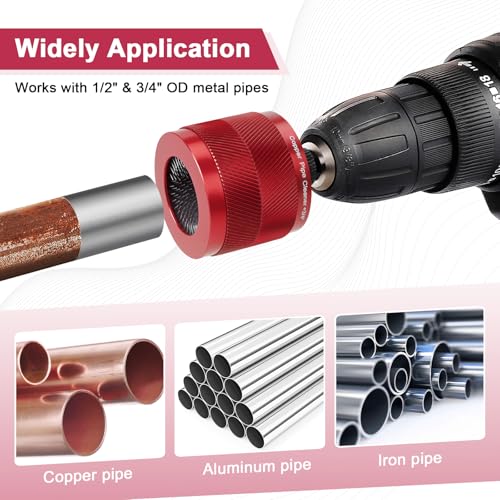Copper Pipe Cleaner for Drill, Plumbing Tools Set 1/2" & 3/4" with 1/4" Hex Shank & 6 Brush Blades & 2 Pipe Brush, for Removing Rust, Stains & Paint from Copper & Metal Pipes, Red, Metal Cleaning Kit - color: Red