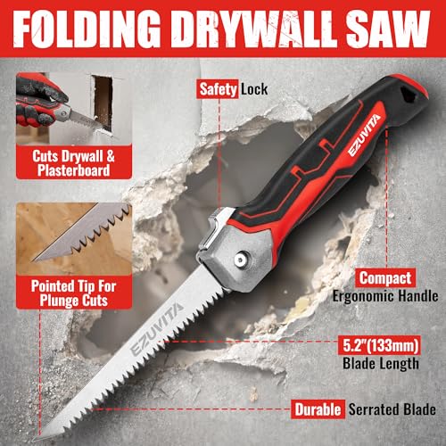 Folding Drywall Saw, Jab Saw for Drywall & Wood | Triple-Ground Teeth, Hardened 65Mn Blade, Safety Lock, Ergonomic TPR Grip, Portable Belt Sheath