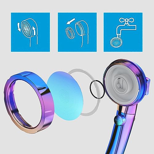 KAIYING Drill-Free High Pressure Handheld Shower Head with ON/OFF Switch, 3 Spray Modes - Polished Finish, Shower Head (Radiant Rainbow) + Bracket + Hose - color: Radiant Rainbow