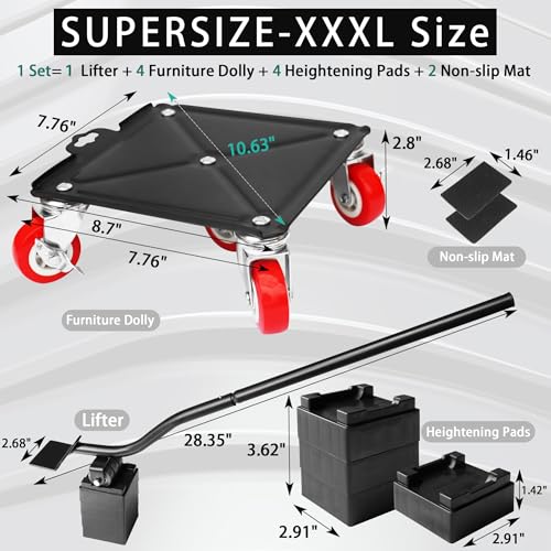 XXXL 8.7 inch - Furniture Dolly Movers with 5 Wheels - Heavy Duty Carbon Steel Panel Moving Lift Sliders Tool for Easy Moving Refrigerator Couch Desk Sofa Pool Table, 3747lbs Load Capacity - size: XXXL 936lbs each (3,747 lbs total for 4)