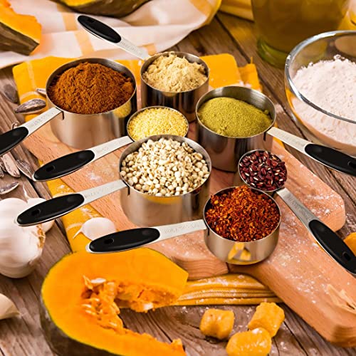 16 Pieces Measuring Cups and Magnetic Measuring Spoons Set Stainless Steel,8 Measure Cups with Silicone Handle and 7 Double Sided Magnetic Measure Spoons & 1 Leveler