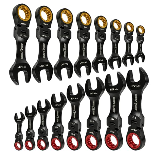 16PCS Stubby Flex Head Ratcheting Wrench Set, SAE & Metric Combination Wrenches, 72-Tooth Short Handle Ratchet Spanner Set for Tight Spaces, Auto Repair & Garage Maintenance, 8-17mm & 5/16"-3/4" - size: 16-Pcs Stubby
