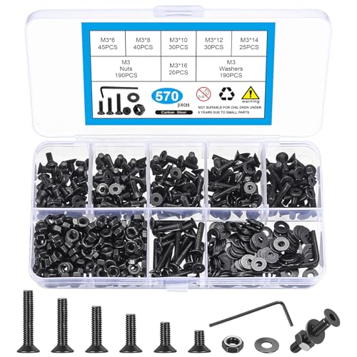 570 Pcs M3 Metric Screw Assortment, Flat Head Machine Screw Assortment Kit, Countersunk Hex Socket Cap Screws Set with Washers, Countersunk Bolts and Nuts Set with Wrench(Black) - size: M3