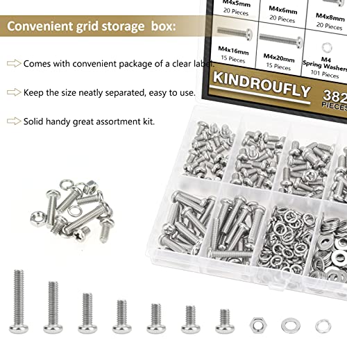 382 Pieces M4 x 5/6 /8/10 /12/16 /20mm Phillips Pan Head Machine Screws Nuts Washers Assortment Kit, 304 Stainless Steel, Fully Machine Thread - size: M4