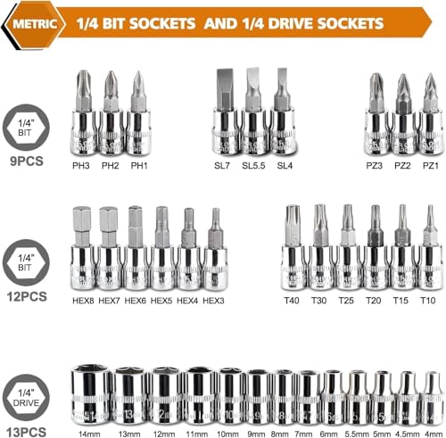 Egofine 46 Pieces 1/4 inch Drive Socket Ratchet Wrench Set, with Bit Socket Set Metric and Extension Bar for Auto Repairing and Household, with Pink Storage Case - style: 1/4" 46 PCS-Pink