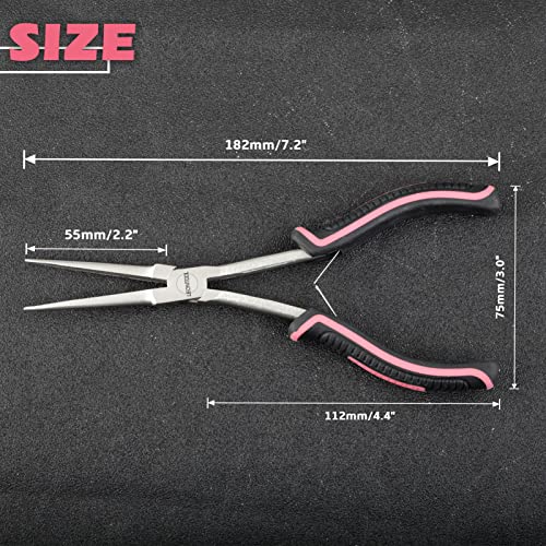 Long Reach Needle Nose Pliers with Teeth 7-Inch Extra Long Needle Nose Plier for Jewelry Making Small Long Reach Long Nose Plier Non-slip Handles Working In Tight Spaces, Pink Tool for Women - style: Needle Nose Plier with Serrated Jaw