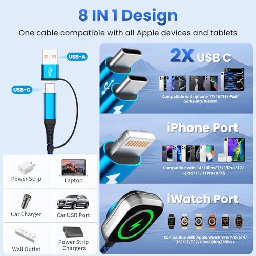 Multi Charging Cable for iPhone iWatch Charger with Dual Type-C Ports, 5FT - color: Blue_2, size: 2PCS&5FT
