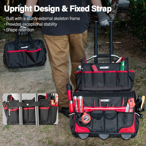 HAUTMEC 3-Piece Rolling Tool Bag Set, 18" Wheeled Tool Bag, 15" Open Top Tool Tote & 12" Wide Mouth Small Bag, Heavy-Duty 1680D Water-Resistant Tool Storage with Off-Road Wheel & Telescoping Handle - style: 3-Pcs Set | Black