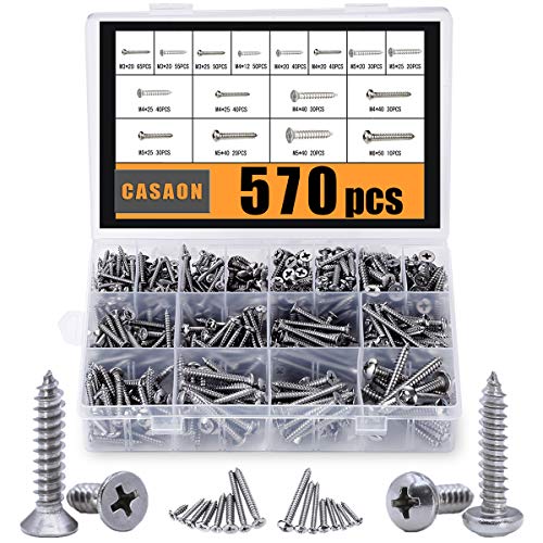 570Pcs Self Tapping Screws Assortment Set, M3/M4/M5/M6 304 Stainless Steel Sheet Metal Screws Kit, Phillips Drive Wood Screw Assortment 570pcs (285pcs Round Head and 285pcs Flat Head)