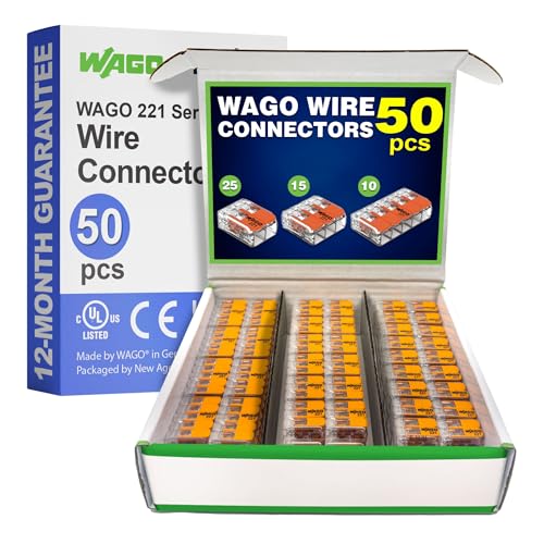 WAGO 221 Series 50pc Compact Splicing Wire Connectors | Includes (25x 221-412) (15x 221-413) (10x 221-415) | WAGO Wire Connectors | Electrical Splicing Lever Nuts | 221 Series Lever Nuts | 2-3-5 Ports - style: NAA221-50