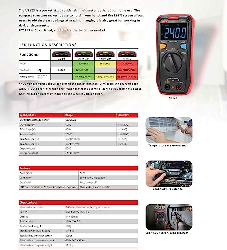 UNI-T UT123T Digital Multimeter Pocket-Sized, NCV Detection, Temperature, Continuity Test, CAT III 600V, Auto-Ranging, EBTN LCD for Home DIY Electrical Testing