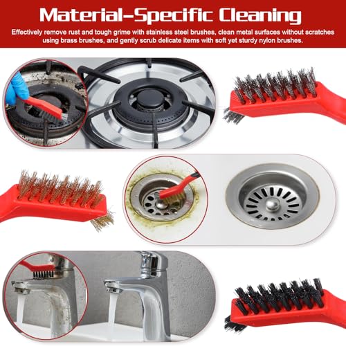 30 Pcs Wire Brush Set for Cleaning - Nylon, Stainless Steel & Brass Bristles with Curved Handles for Rust, Paint, Grout & Dirt Removal