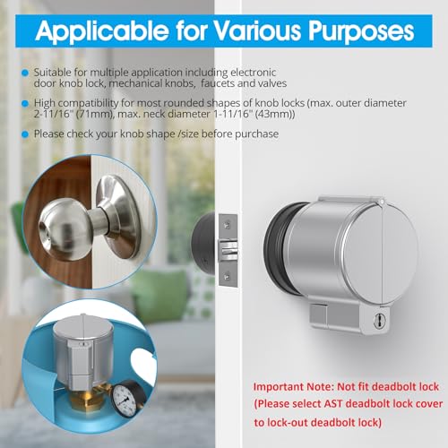AST Adjustable Door Knob Cover with High Security Cylinder and 3 Brass Keys - color: Matte silver with brass keys