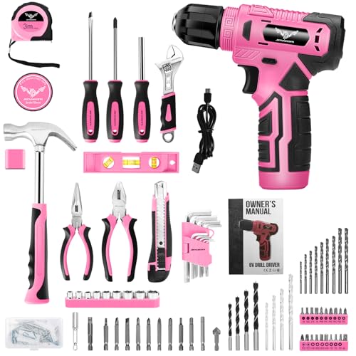 JENABOM 127-Piece Home Tool Set with 8V Pink Cordless Drill - color: Light Pink