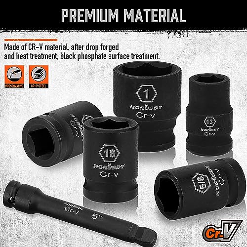 HORUSDY 1/2" Drive Shallow Impact Socket Set, 24-Piece SAE (7/16"-1") and Metric (13-24mm), 6 Point, Cr-V, Includes 1/2-Inch Drive Ratchet Handle, Drive Extension Bar - color: 24 Pcs Orange