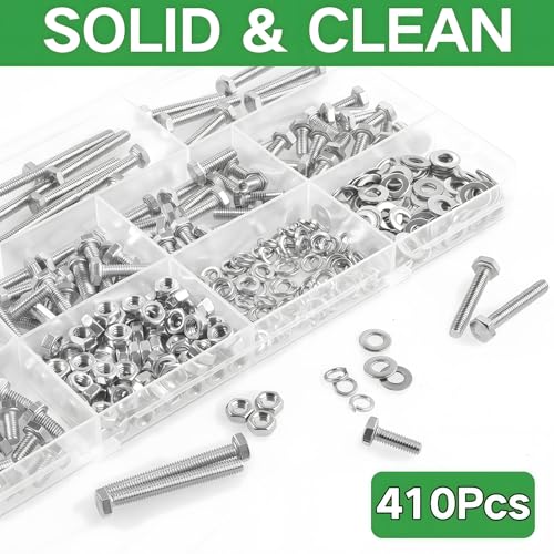 M4 Hex Bolts 425Pcs External Hex Drive Screws Metric Heavy Duty Hexagon Cap Bolts Nuts Flat Lock Washers M4x8/10/12/16/20/25/30/35mm 304 Stainless Steel Fully Thread Machine Bolt - size: M4