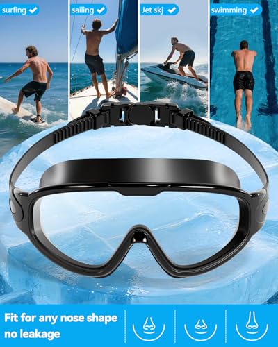 Aegend New Adult Wide View Swim Goggles, Anti-Fog/UV No Leak Swimming Goggles with Ear Plugs for Men & Women - color: Bright Silver & Clear Black