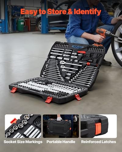 VEVOR Mechanics Tool Set, 308-Piece Mechanic Tool Kit, 1/4 in, 3/8 in, and 1/2 in Drive, SAE and Metric Socket Set, Wrenches, Screwdriver Bits, Accessories, and Storage Case, for Automotive Repair - size: 308-PCS