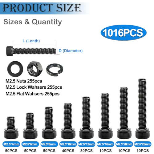 mxuteuk 1016PCS M2.5 Screws Kits,M2.5×4/6/8/10/12/16/20/25mm M2.5 Bolts,12.9 Alloy Steel M2.5 Hex Socket Head Bolts Nuts Washers Set Suitable for 3D Printer,DIY - size: 1016PCS M2.5