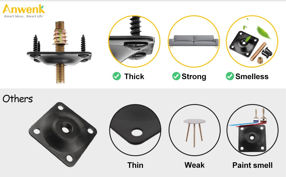 Anwenk Leg Mounting Plates, Furniture Leg Attachment Plates T-Plate 5/16" (M8) Sofa Legs with Hanger Bolts,Screws,Strengthen Weak Furniture Repair Damaged Sofa Couch Seat,Set of 4,Black - color: M8-black