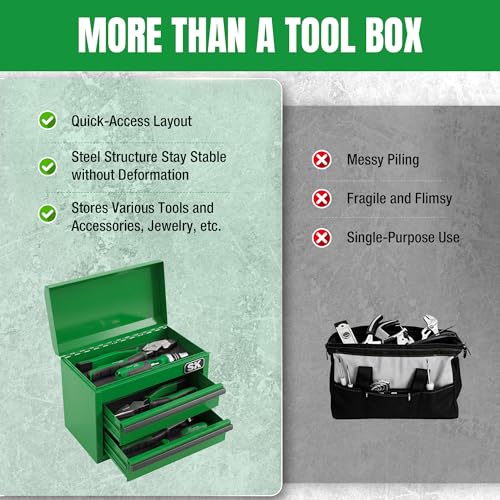SK Mini Metal Tool Box with 2 Drawers, 10.8" Small Steel Toolbox Chest