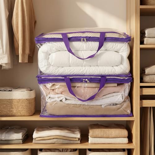 Blanket Storage Bags 4 Pack 60L Clothes Comforter Bedding Container Purple - color: D-Purple