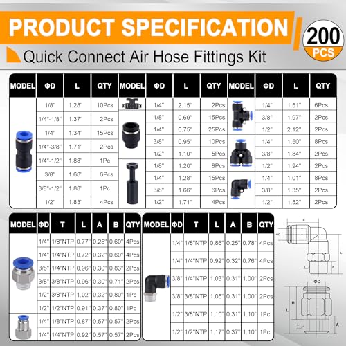 200 PCS Pneumatic Quick Connect Air Hose Fitting Kit