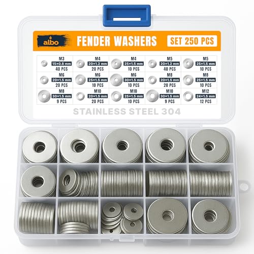 ALBO 250 Pcs 304 Stainless Steel Metric Fender Washers, 7 Sizes - size: Set 250pcs