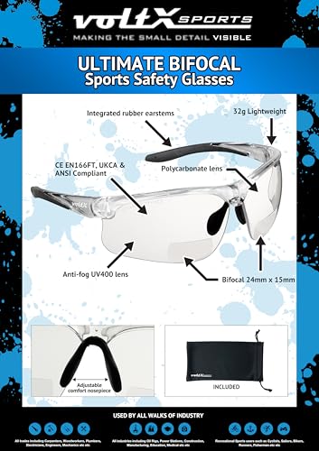 voltX ULTIMATE SPORTS Clear Bifocal Reading Safety Glasses +1.5 Dioptre - color: Clear Frame/Clear Lens, size: +1.5 Dioptre